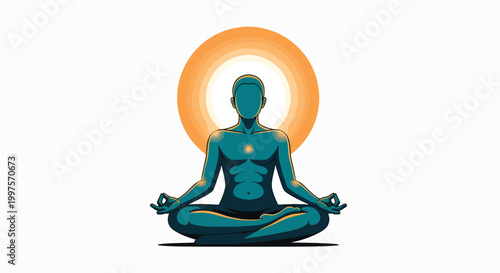 Illustration of a person sitting in a yoga pose with hands in a meditative gesture against a vibrant orange and white circular background.