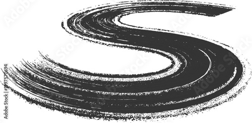 Grunge curving tire track skid mark from offroad vehicle in dirt sand texture vector illustration background. 