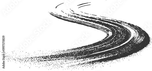 Grunge curving tire track skid mark from offroad vehicle in dirt sand texture vector illustration background. 