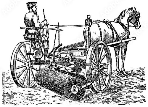 Horse-drawn street sweeper. Publication of the 