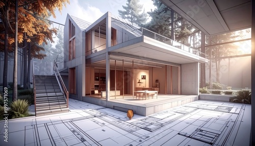 Architectural design of contemporary house with open terrace and stairs merging with technical blueprints on the ground in pine forest