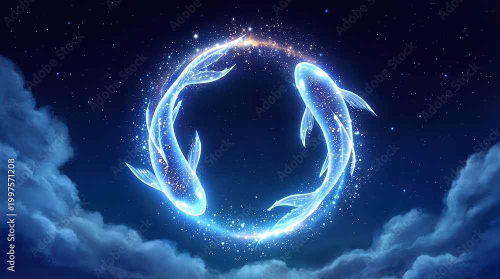 Fototapeta premium Glowing fish swimming in a circle representing the Pisces zodiac sign in a starry night sky. Astrological concept of duality and spirituality.