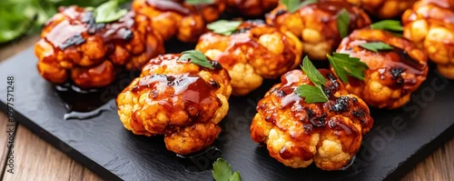 Obraz  z motywem Close-up of golden-brown roasted cauliflower florets with glossy BBQ glaze, garnished with fresh green herbs on a dark slate board. Plant-based appetizer concept. ,Vegan ,Healthy