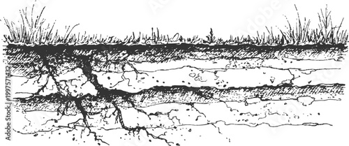 Geological cross section of earth layers underground with mountain landscape above hand drawn vector illustration.