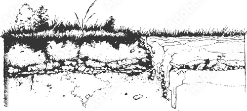 Geological cross section of earth layers underground with mountain landscape above hand drawn vector illustration.