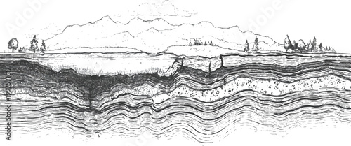 Geological cross section of earth layers underground with mountain landscape above hand drawn vector illustration.