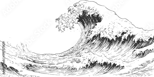 Hand drawn vintage style giant ocean wave crashing with sea foam black and white vector illustration.