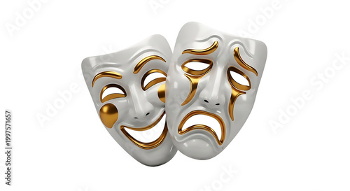 White theatrical comedy and tragedy masks with gold accents isolated on background.