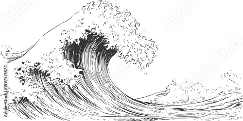 Hand drawn vintage style giant ocean wave crashing with sea foam black and white vector illustration.