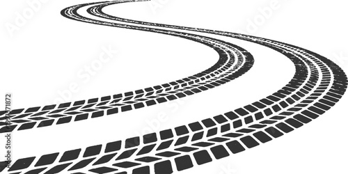 Curved grunge tire tracks winding along a path abstract transportation element vector illustration design.