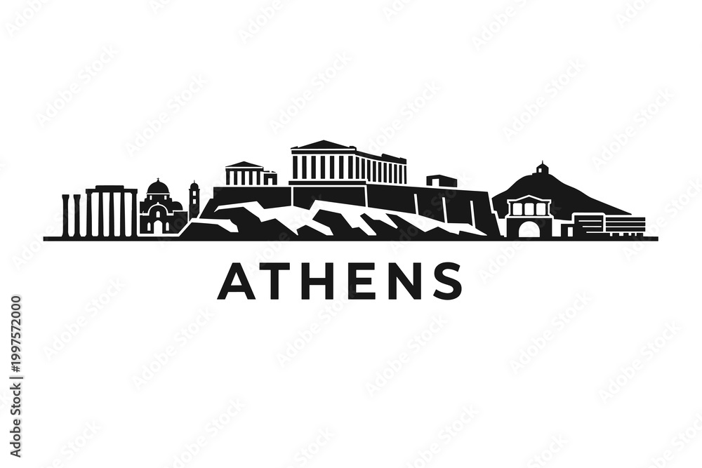 Obraz premium Athens Greece Skyline Silhouette, Acropolis and Parthenon Landmarks, Ancient Historic Cityscape in Minimal Black Vector Style