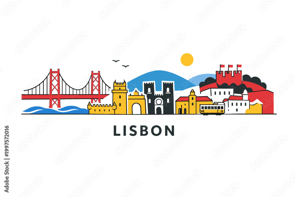 Fototapeta premium Lisbon Skyline Illustration, Colorful Flat Cityscape Poster with Portuguese Landmarks and Bridge