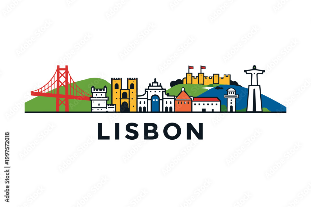 Naklejka premium Lisbon Portugal Skyline Illustration, Belem Tower, 25 de Abril Bridge and Alfama Hills, Colorful Coastal City Travel Vector