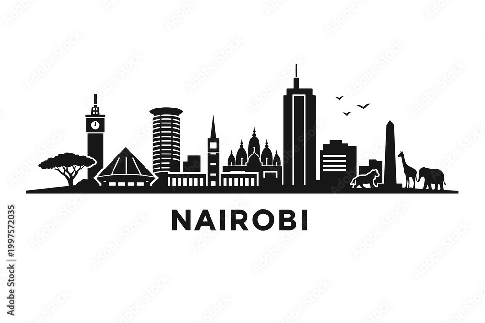Fototapeta premium Nairobi Skyline Silhouette Poster, Minimalist Black Cityscape Illustration with Kenyan Landmarks