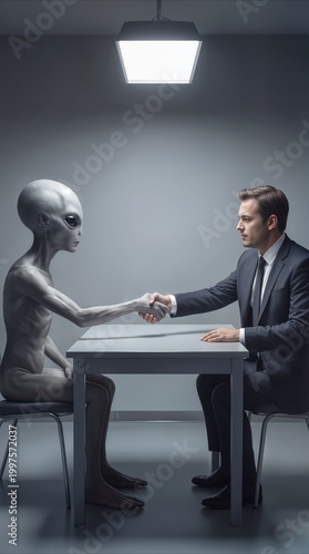 Corporate executive shaking hands with extraterrestrial alien in interrogation room. Concept of intergalactic diplomacy and first contact between humans and grey aliens.