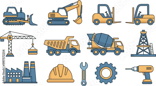 Heavy construction machinery and industrial equipment icons set including excavator, bulldozer, crane, truck, and safety tools.