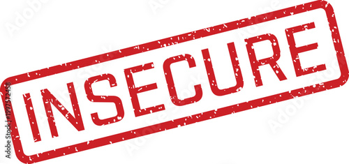 Red INSECURE word inside a textured rectangular rubber stamp outline displayed on a clean white backdrop