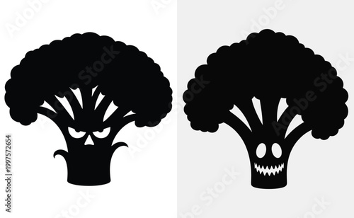 Scary broccoli silhouette with evil eyes and menacing teeth, Halloween decoration cartoon character vector illustration.