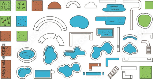 Set of landscape design elements icons including swimming pools, garden paths, grass patches, and architectural outdoor planning symbols.