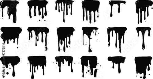 Collection of black dripping paint ink drops and liquid flowing borders graphic elements vector illustration.