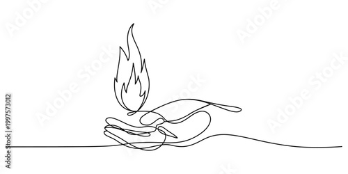 Continuous line drawing, hand holding flame, minimalist vector illustration, simple icon