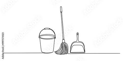 continuous one line drawing Cleaning tools, broom, dustpan, bucket, line art icons