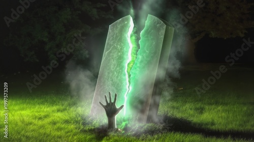 Cracked tombstone emitting green light as a hand emerges from the ground in a cemetery at night. Spooky graveyard scene for Halloween horror concept.