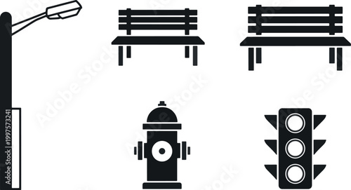 Set of urban street elements icons including street light, park benches, fire hydrant, and traffic signal isolated on white background.