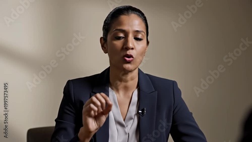 Professional Businesswoman Expressing Thoughts in a Corporate Setting with Confidence and Focus