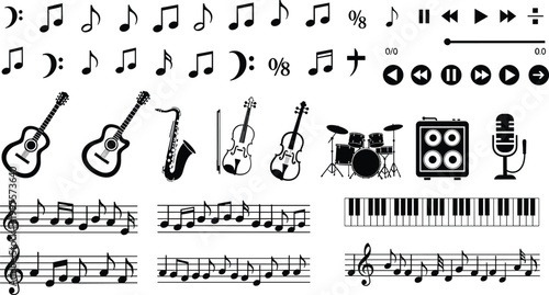 Musical collection featuring music notes instruments and audio player control buttons for projects