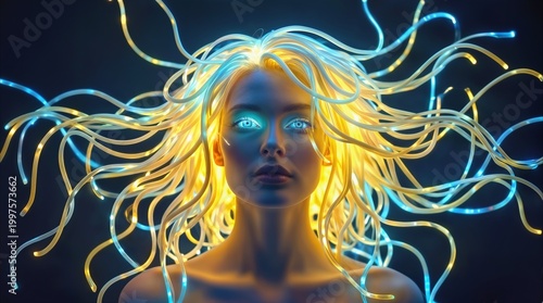 Cybernetic woman with glowing fiber optic cables for hair and luminous blue eyes. Futuristic digital identity and artificial intelligence concept.