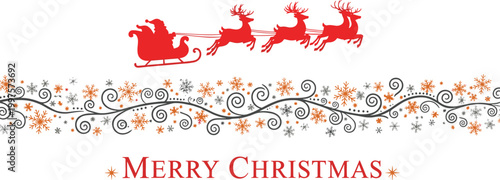 Santa claus riding reindeer sleigh christmas border with snowflakes and text