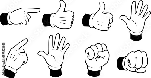 Set of cartoon hands in gloves. Retro style mascot hands. Rubber hose style hands. Vector illustration
