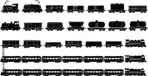 Freight train with locomotive, passenger train icons collection. Black silhouette of freight trains collection. Set of railway transport. Black wagon and locomotive