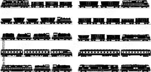 Freight train with locomotive, passenger train icons collection. Black silhouette of freight trains collection. Set of railway transport. Black wagon and locomotive