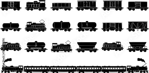 Freight train with locomotive, passenger train icons collection. Black silhouette of freight trains collection. Set of railway transport. Black wagon and locomotive