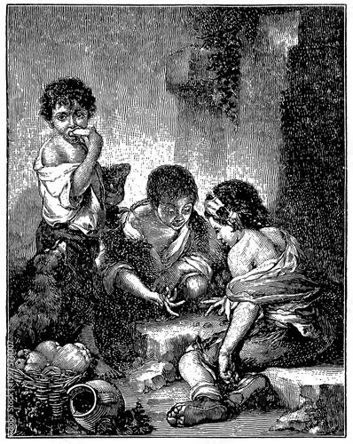 Art of Spain. Bartolome Esteban Murillo: Young Boys Playing Dice, c. 1675, Alte Pinakothek, Munich. Publication of the 
