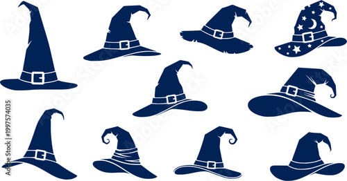 vector set of Illustration of different witch hats isolated on white
