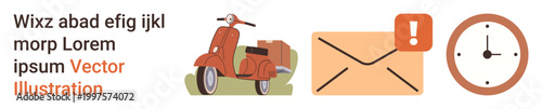 Logistics, communication, delivery services, scheduling, time management, notifications. A scooter, envelope with alert icon and clock symbol. Delivery services and communication concept