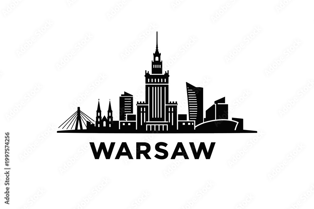 Fototapeta premium 2D Warsaw Skyline Silhouette with Name, Minimal Black Cityscape on White Background