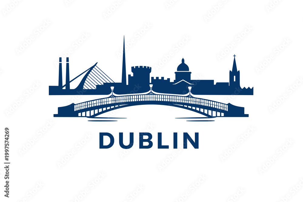 Fototapeta premium Dublin City Skyline in Monochrome Blue, Minimal Urban Silhouette Illustration