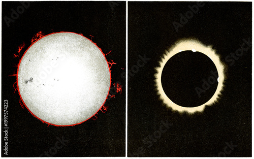 The solar surface, sunspots and prominences, the corona with prominences during the solar eclipse of August 7, 1869. Publication of the 