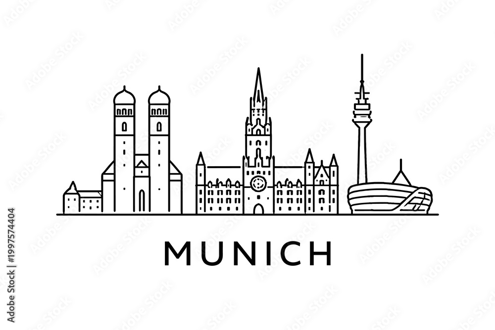 Fototapeta premium Munich Skyline Line Art Poster, Minimalist Outline Illustration with Famous German Landmarks