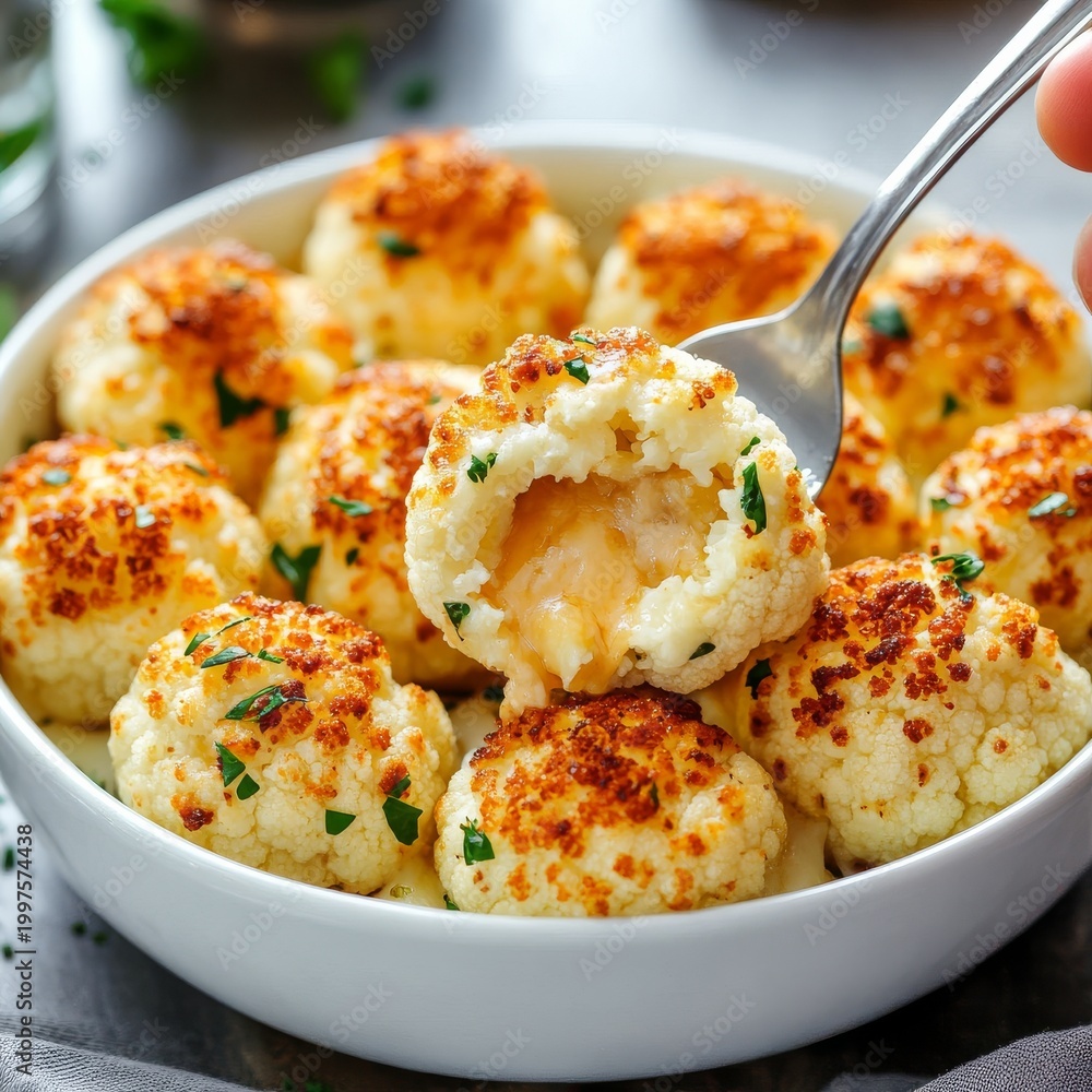 Fototapeta premium Golden Cheesy Cauliflower Bites A fork reveals creamy melted cheese inside roasted florets, garnished with parsley in a white bowl. Perfect warm appetizer or side. ,Vegetarian ,Comfort