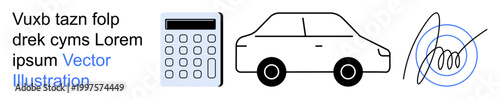 Financial planning, vehicle ownership, business finance, budgeting, signature authenticity, transportation costs. Calculator, car and a signature symbol. Finance and vehicle ownership concept