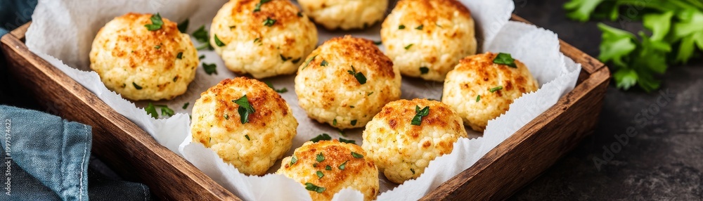 Fototapeta premium Golden Crispy Cauliflower Bites with Fresh Herbs in a Rustic Wooden Tray. Appetizing homemade snack, overhead shot with warm light, comforting appeal. ,Vegetarian ,Appetizer