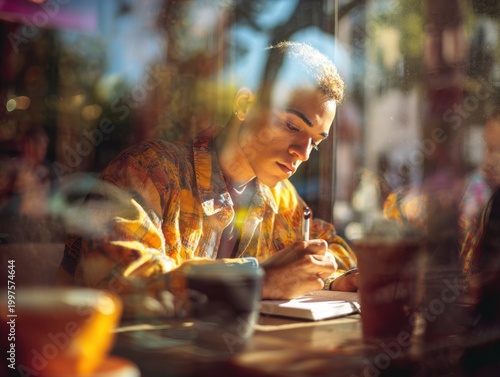 Young transgender man reflecting while journaling in sunlit coffee shop during a calm morning
