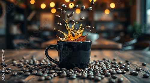 Cinematic Coffee Bean Rain into Cup – Warm Cafe Atmosphere Beverage Concept