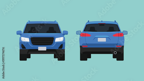 Blue SUV car in front and rear view with modern crossover design, passenger vehicle for urban transport, family travel, and mobility concept, flat vector illustration