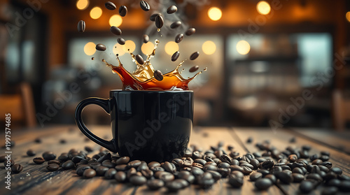 Roasted Coffee Beans Pouring into Cup – Cozy Cafe Drink with Bokeh Background